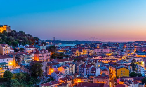 Aerial view of downtown Lisbon from Graca viewpoint, Portugal